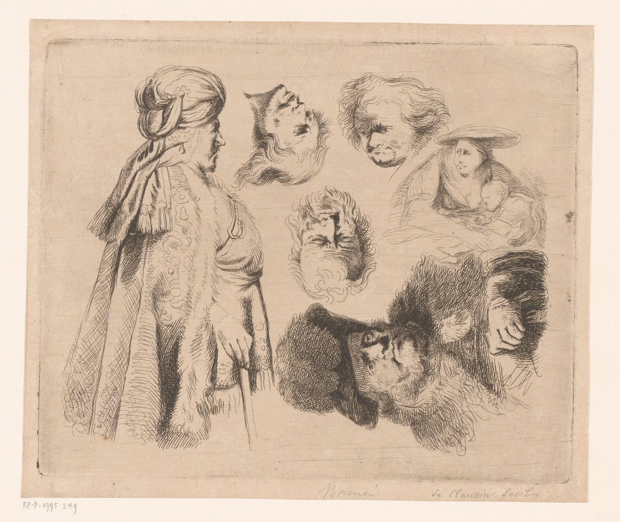 Komposisjon med orientalsk mann, kvinne med barn og fire mennshoder av Ignace Joseph de Claussin (attributed to)