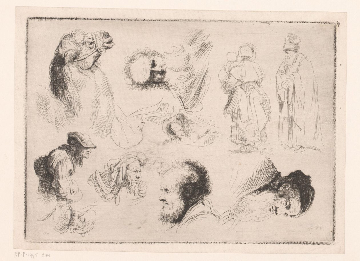 Komposisjon med hoder av forskjellige menn og en kamel og to stående figurer av Ignace Joseph de Claussin (attributed to)