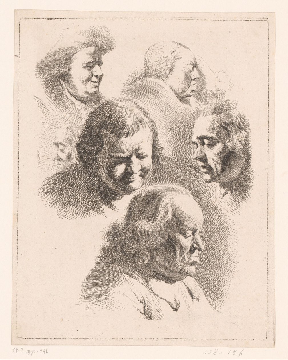 Komposisjon med seks hoder av menn og kvinner med lukkede øyne av Ignace Joseph de Claussin (attributed to)