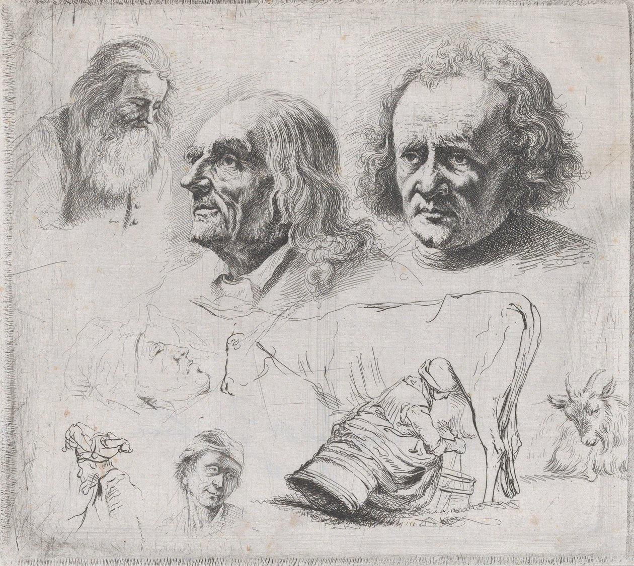 Studie av seks hoder og en melkepike, 1816. av Ignace Joseph de Claussin