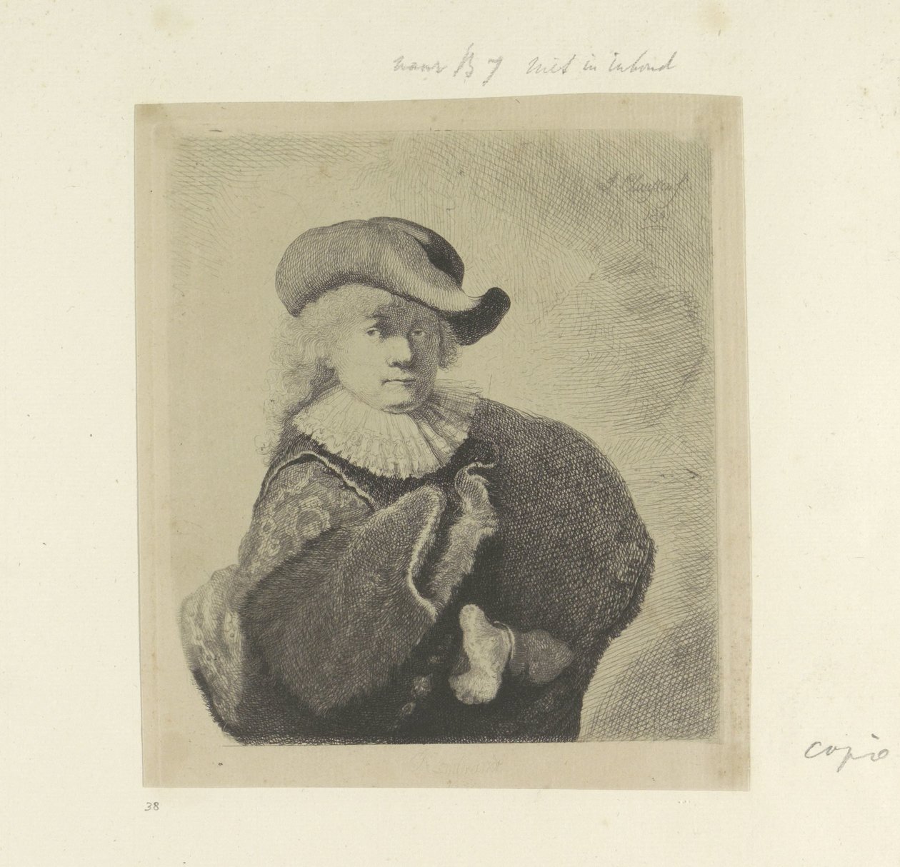 Selvportrett med hatt med floppbremmet og brodert kappe Recueil de quatre-vingt-cinq estampes originales (serietittel) av Ignace Joseph de Claussin