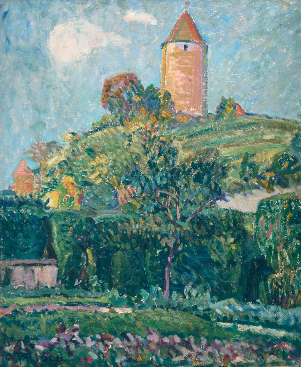 Utsikt over Romont (olje på papp) av Ignace Nazaire Oswald Pilloud