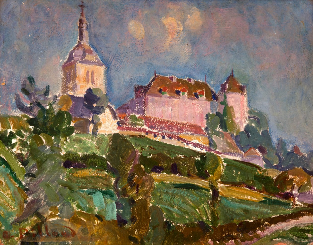 Utsikt over slottet og kirken Gruyères, ca. 1925-30 (olje på papp) av Ignace Nazaire Oswald Pilloud