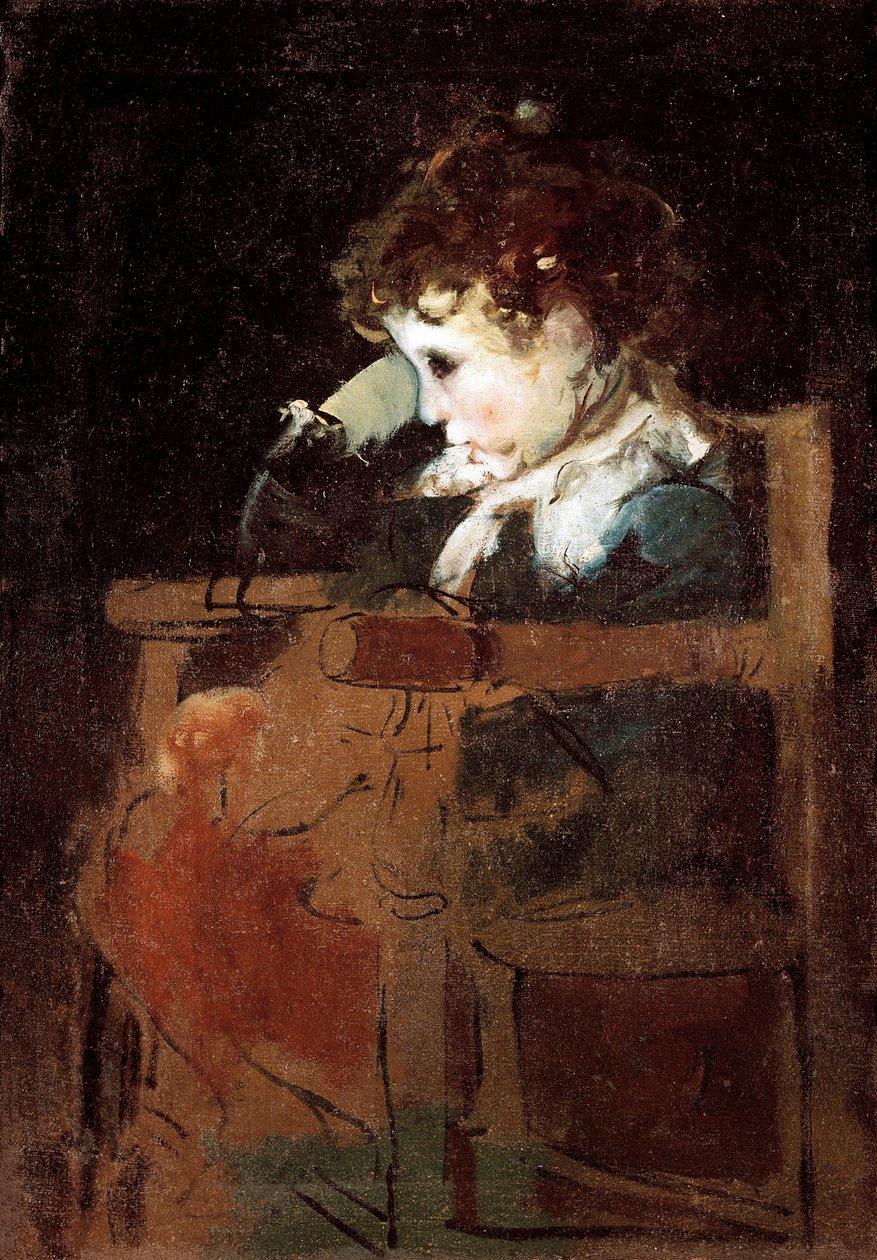 "En liten gutt tregere i en stol" (olje på lerret) av Ignacio Pinazo Camarlech