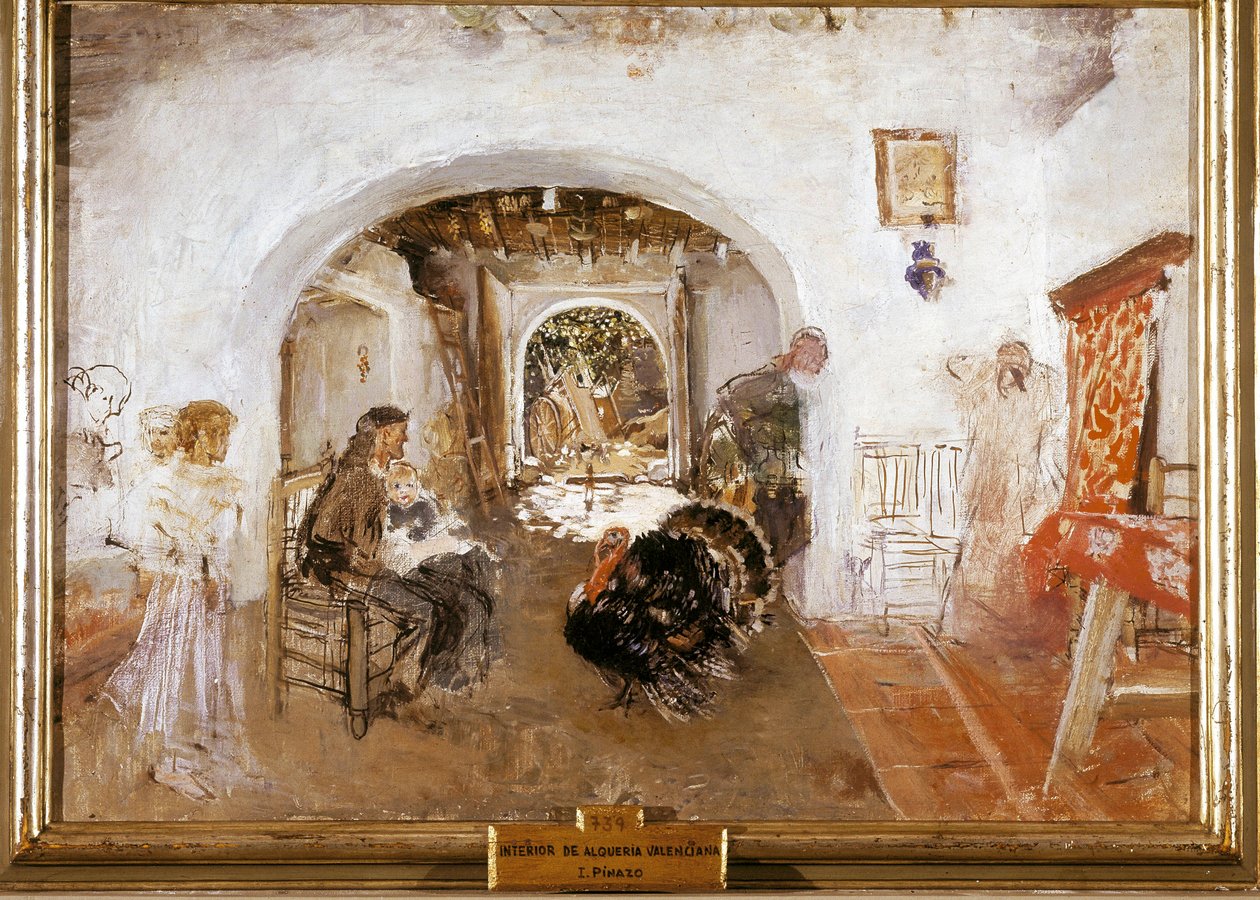 Interiør på en gård i Valencia i Spania. Maleri av Ignacio PINAZO CAMARLENCH av Ignacio Pinazo Camarlech