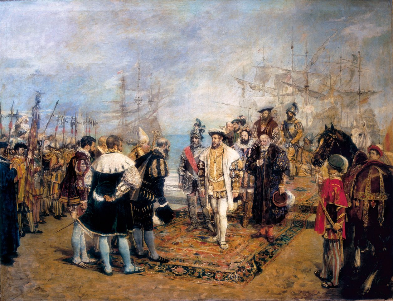 Landgangen til Francois I (1494-1547) i havnen i Valencia (Spania). Luis Villarrasa de Cavanilles (?), guvernør i byen, ønsker kongen av Frankrike velkommen. Maleri av Ignacio Pinazo Camarlench (1849-1916), olje på lerret av Ignacio Pinazo Camarlech