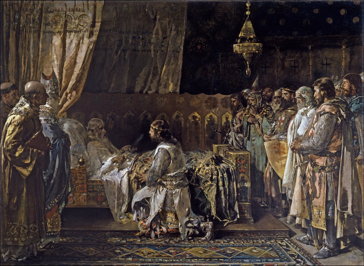 King James I the Conqueror gir sitt sverd til sin sønn, Pedro, 1881 av Ignacio Pinazo Camarlench