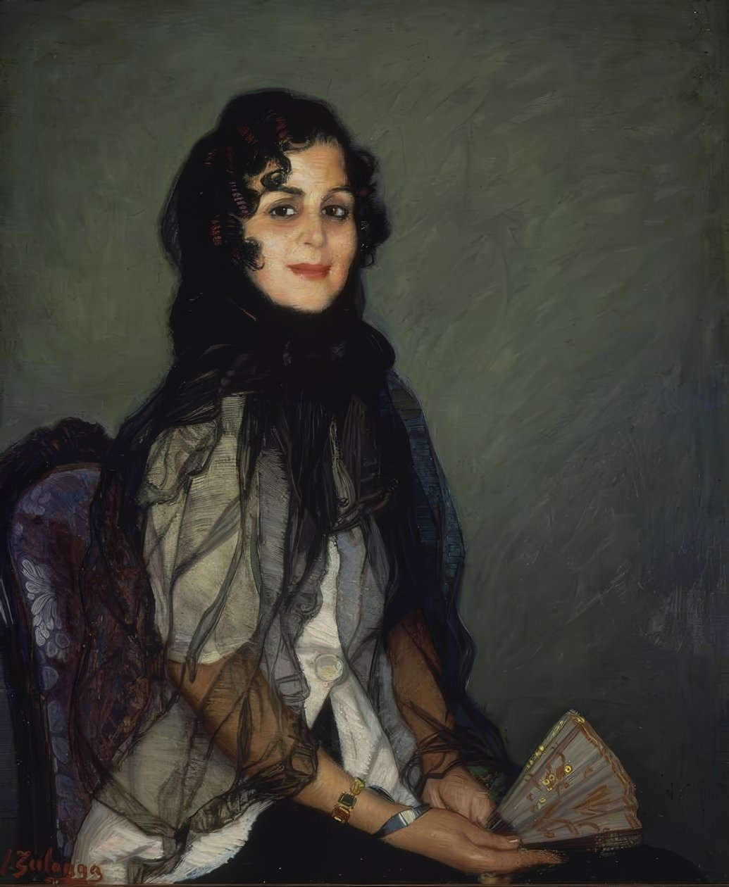 ANGUSTIAS OF WHITE MED SVART MANTILLA OG VENTILA - XX CENTURY - O / L - 95X79CM av Ignacio Zuloaga y Zabaleta