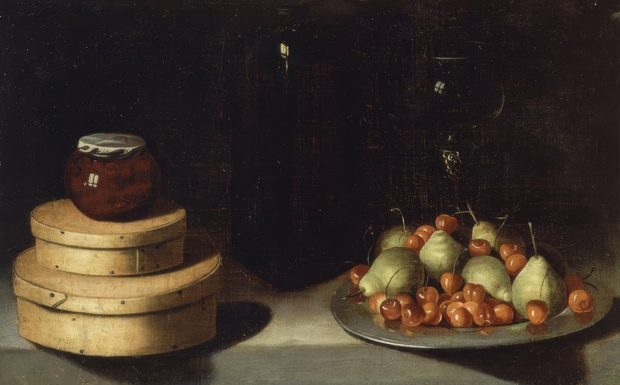 STILLEV (SKUFF MED KIRKEBÆR OG PÆRER, ESKER OG FLASKE HONNING) - XX ÅRhundre av Ignacio Zuloaga y Zabaleta