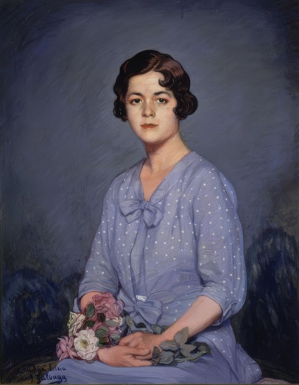 LUCIA - (PORTRETT AV EN UNG JENTE SITTER MED BLOMSTER I HÅNDEN) - TYVENDE ÅRHUNDRE av Ignacio Zuloaga y Zabaleta
