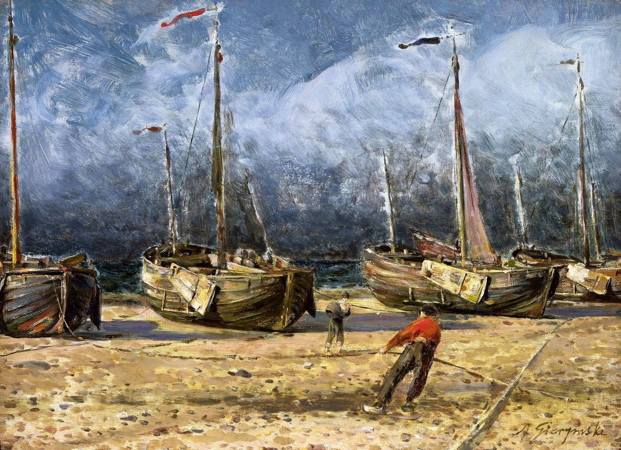 Fiskebåter i fjæra. av Ignacy Aleksander Gierymski