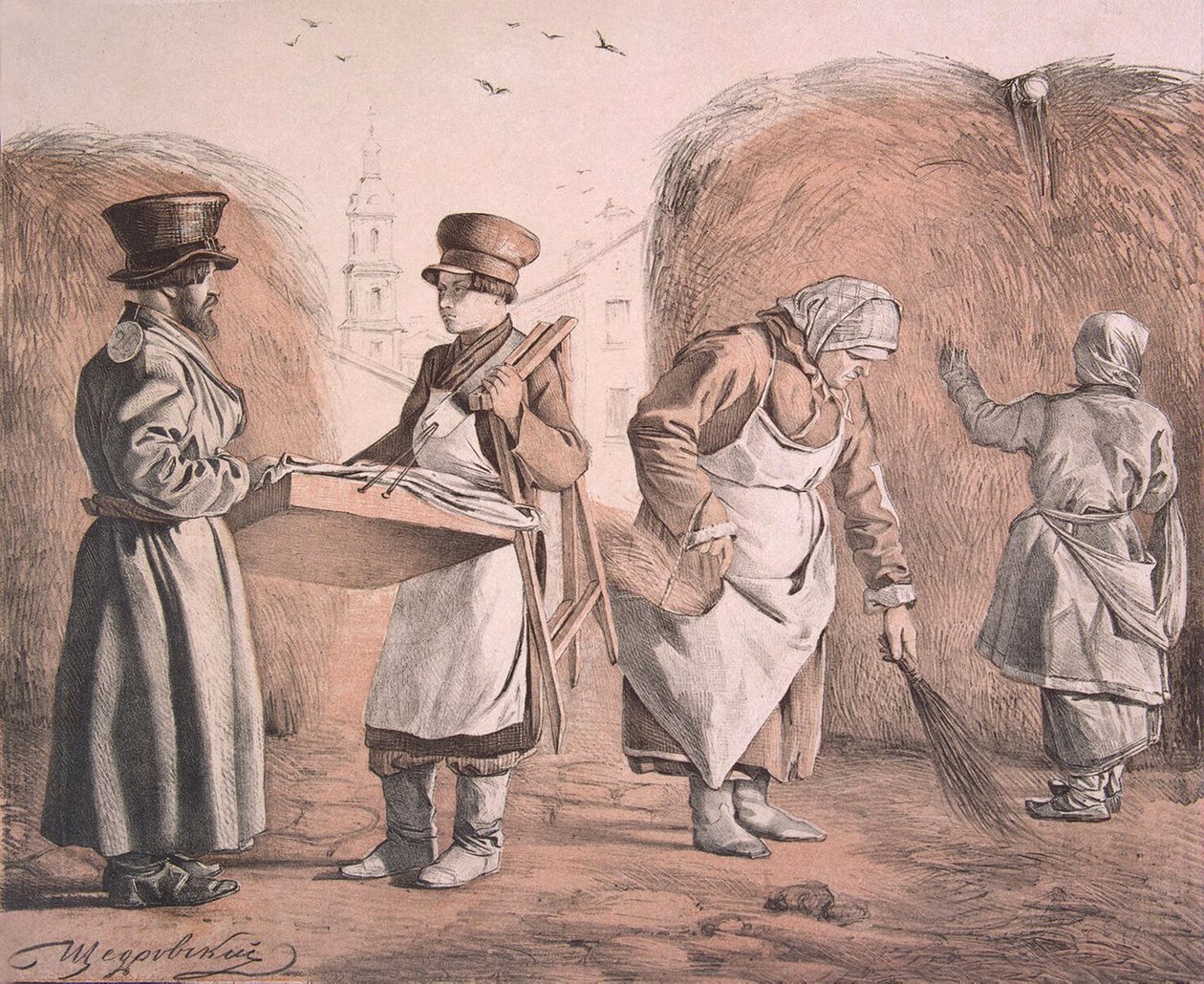Street Pedlar of Pies and Coachman fra serien These Are Our People, 1842 av Ignati Stepanovich Shchedrovsky
