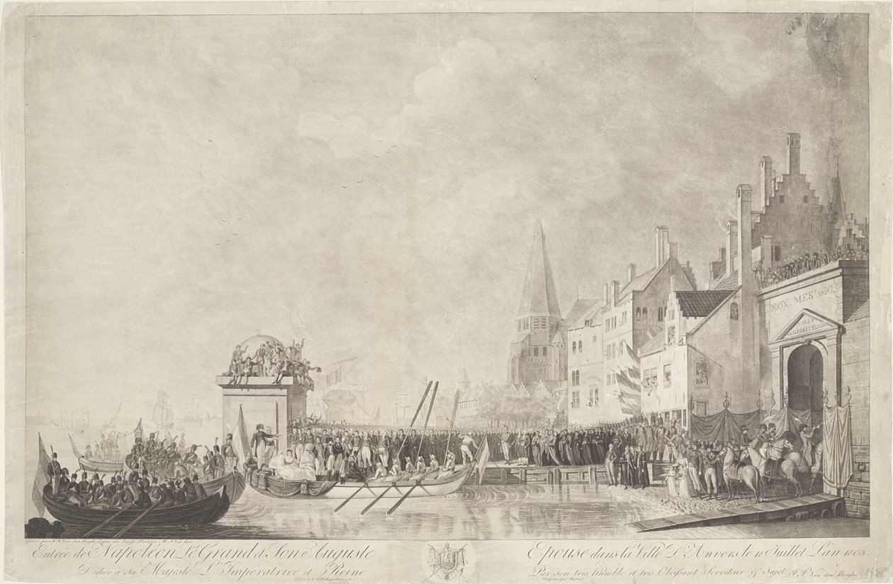 Aankomst van Napoleon i Josephine te Antwerpen, 1803 Innreise av Napoleon den store og hans Augustus ektefelle i byen Antwerpen 18. juli 1803 (tittel på objekt) av Ignatius Joseph van den Berghe