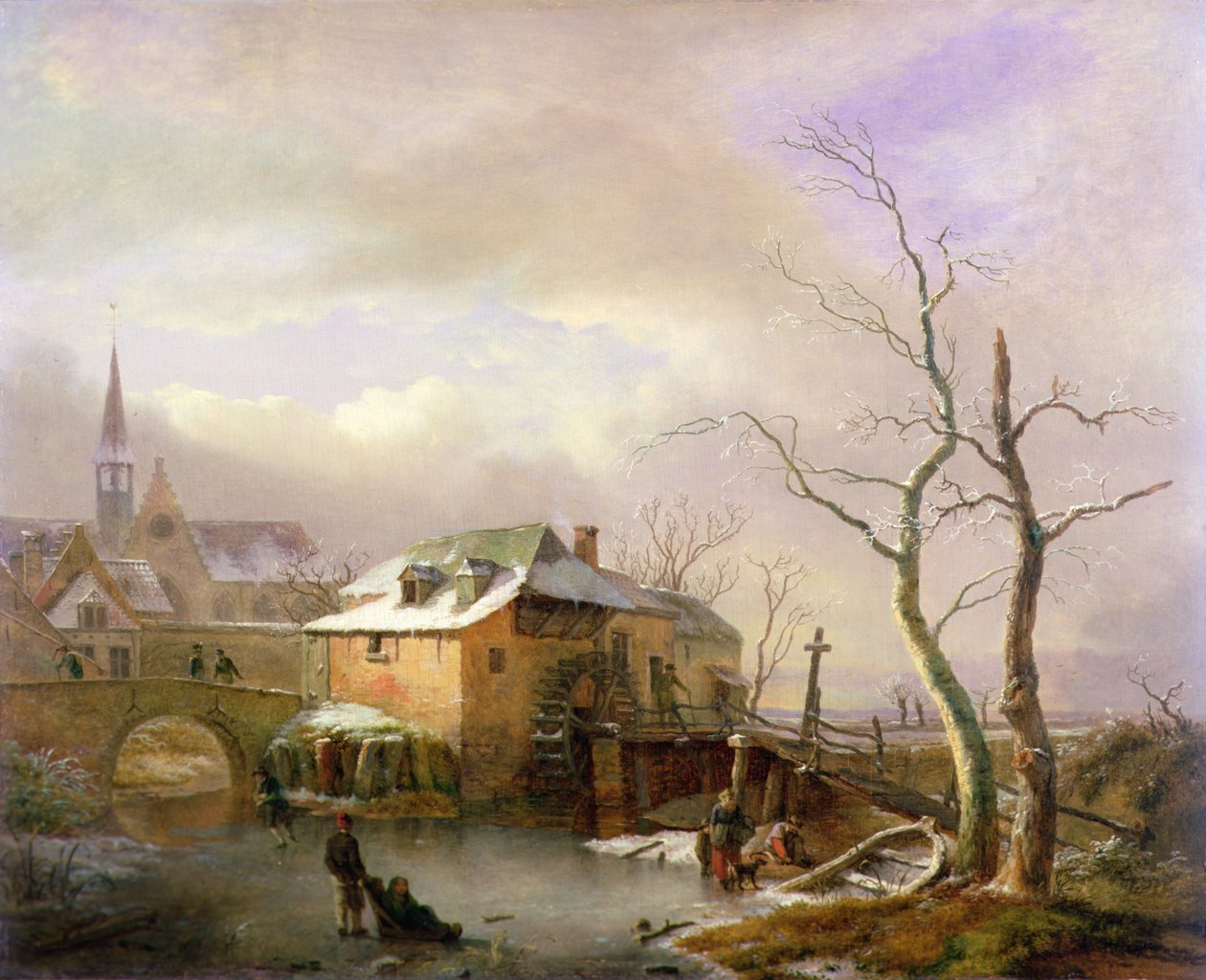 Et vinterlandskap med bønder på en frossen mølledam ved en landsby (olje på lerret) av Ignatius Josephus van Regemorter