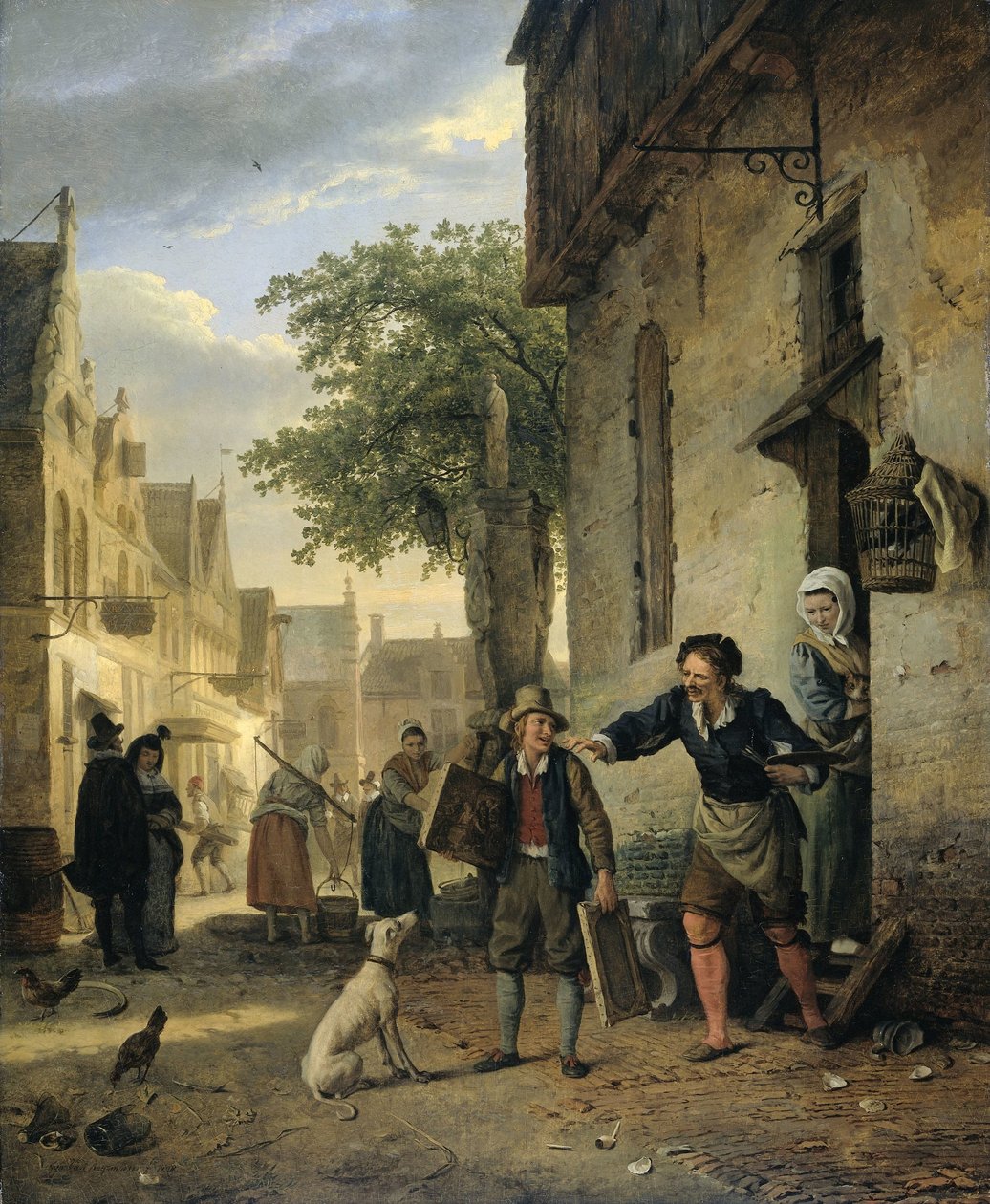 Jan Steen sender sønnen til gatene for å bytte malerier mot øl og vin av Ignatius Josephus van Regemorter