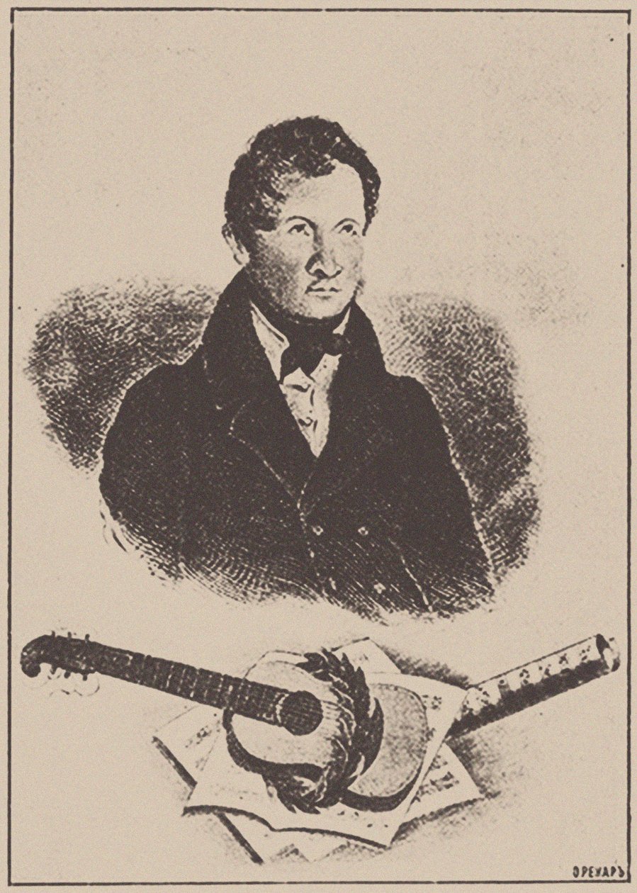 Portrett av komponisten og gitaristen Mikhail Timofeyevich Vysotsky 1791-1837, 1834. av Ignatov