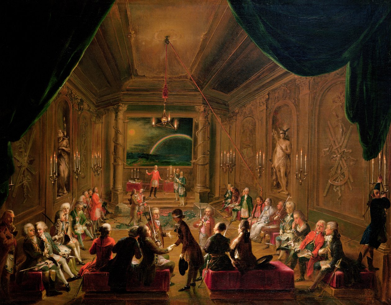 Innvielsesseremoni i en frimurerlosje i Wien under Josef IIs regjeringstid, med Mozart sittende ytterst til venstre, 1784 av Ignaz Unterberger