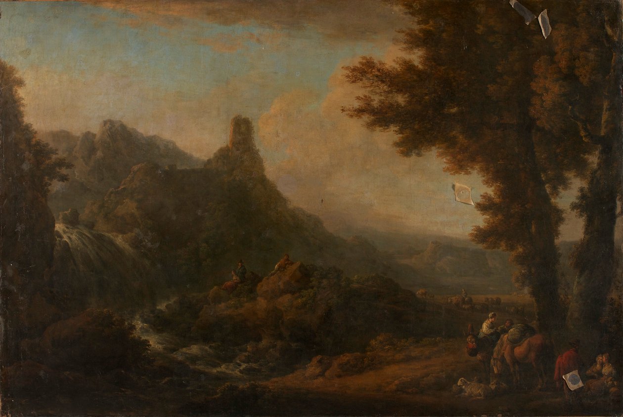 landskap med foss av Ignaz Du Vivier