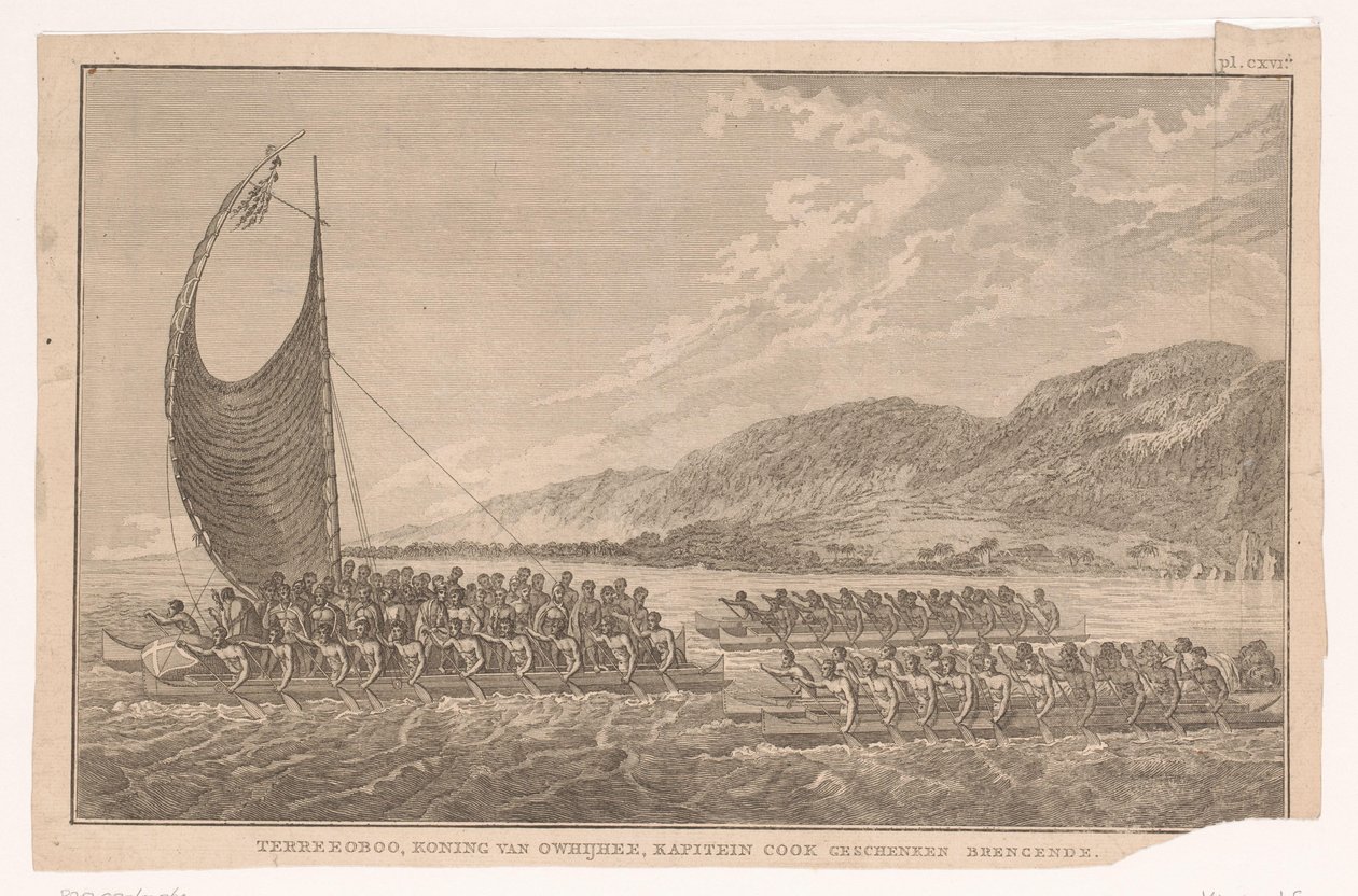Hawaiianere og deres konge seiler i kanoer til James Cook for å gi ham gaver Terreeoboo, King of Owijhee, Captain Cook bringer gaver (tittel på objekt) av Ignaz Sebastian Klauber (possibly)