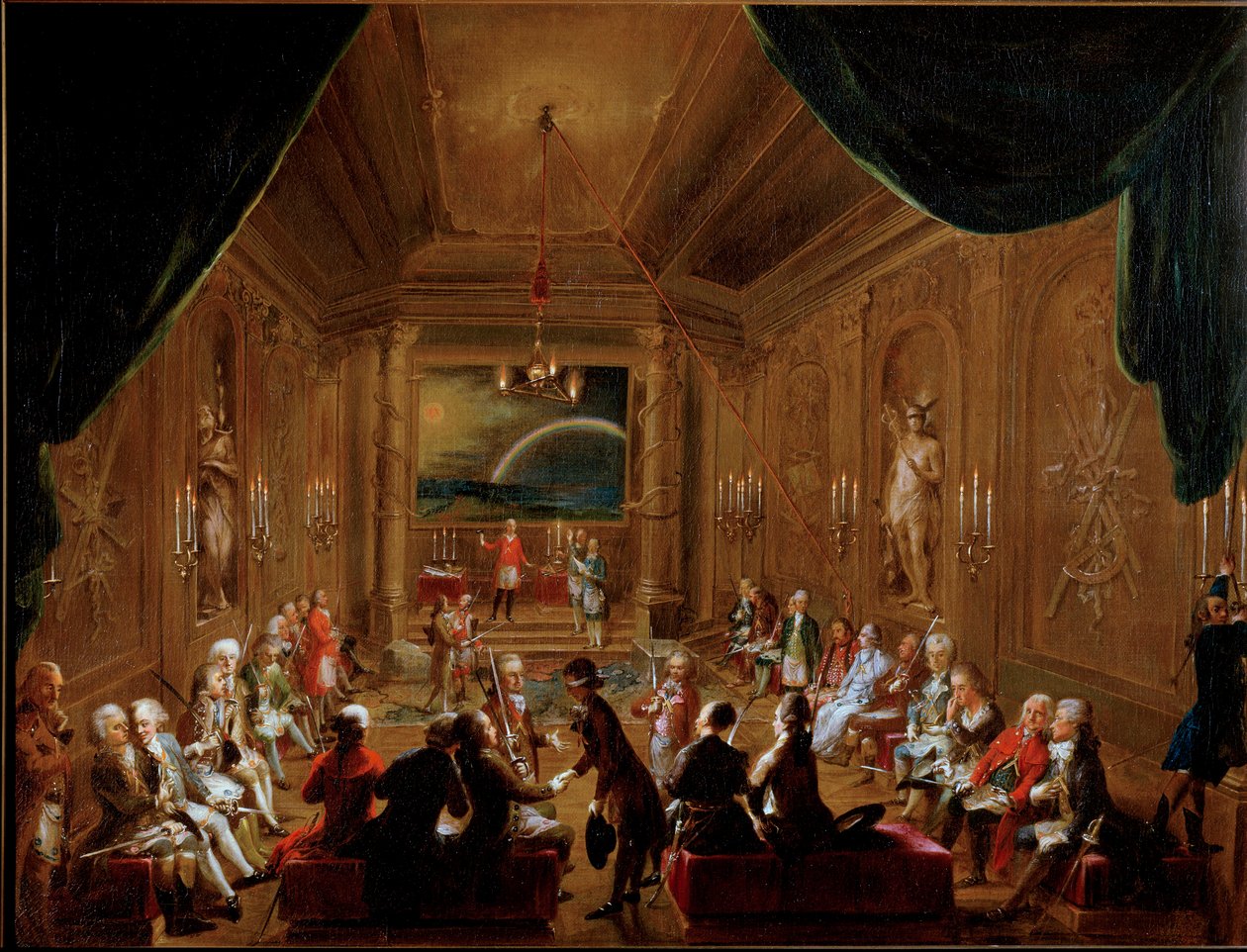 Gjenforening i Wien av Maconic Lodge of the Crown Esperance (Reunion of Franc Macon, Zur gekronten Hoffnung) i 1790. Wolfgang Amadeus Mozart (1756-1791) sitter rett i forgrunnen. Maleri av Ignaz Unterberger. Historisk museum for byen Wien Vie av Ignaz Unterberger