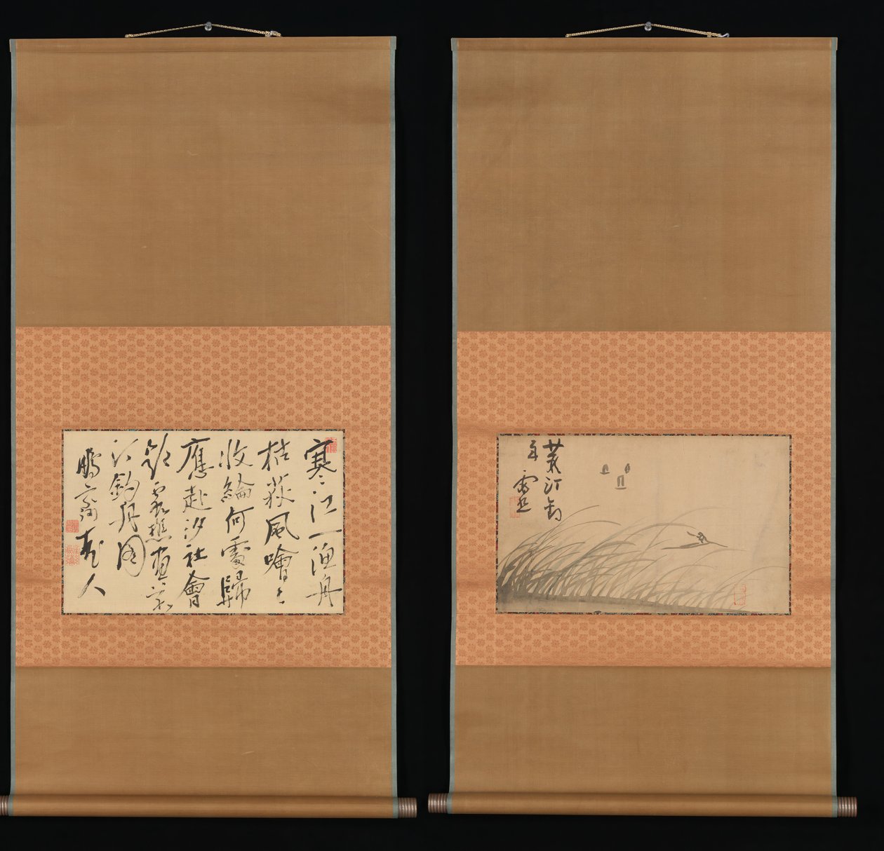 Fiskebåt på sivdekket bredd og kalligrafi, 1700-1800-tallet. av Ike no Taiga