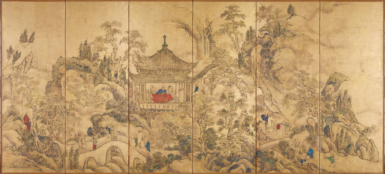 Landskap med en paviljong (Roukaku Sansui Zu, Landskap med tårn) - Venstre del av et par skjermer med seks paneler av Ike no Taiga (1723-1776), akvarell og blekk på papir, ca. 1750 - 1700-talls japansk kunst, orientalsk landskap - Tokyo National M av Ike no Taiga
