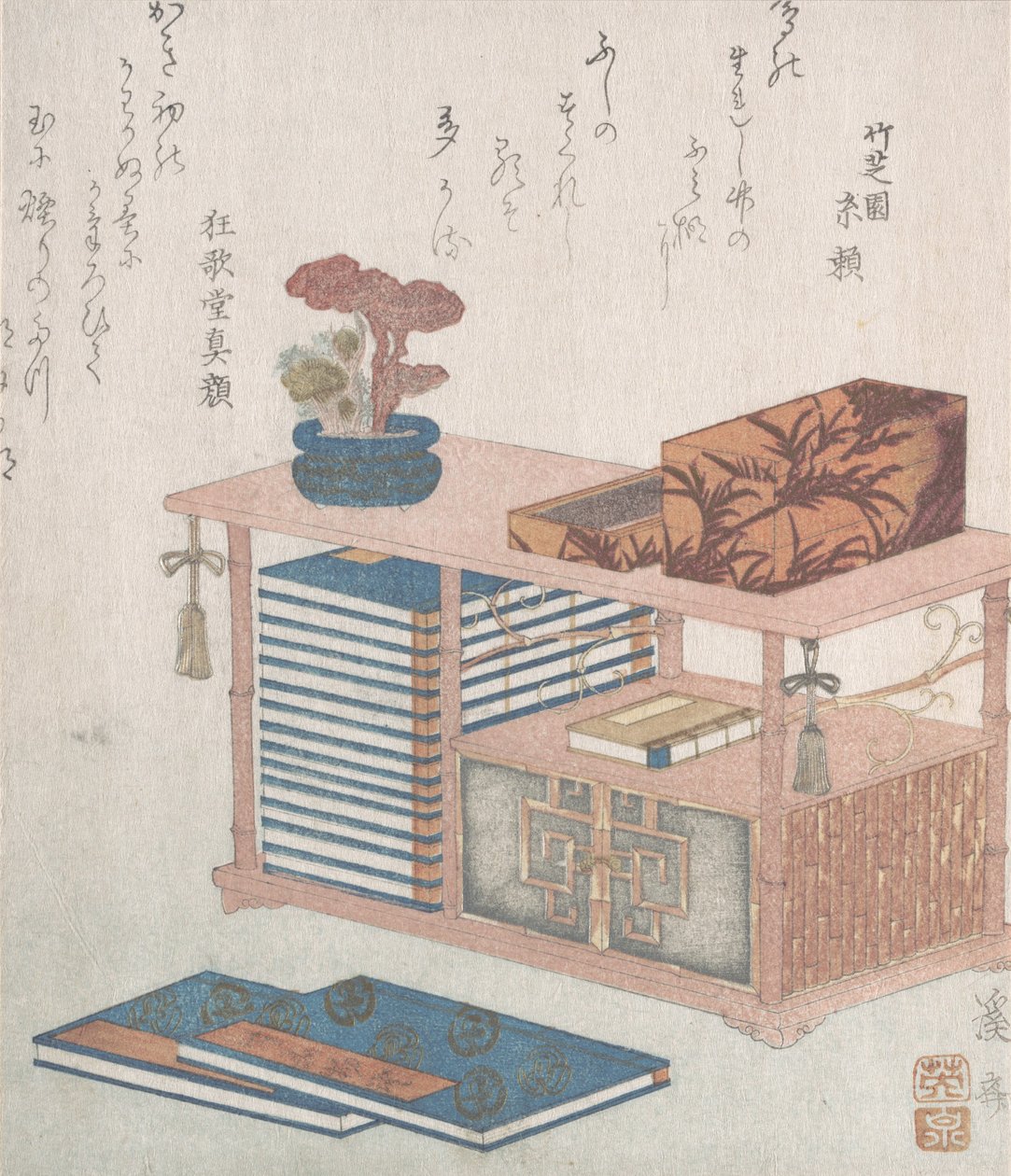 Bøker og en bokhylle, 1800-tallet. av Ikeda Eisen