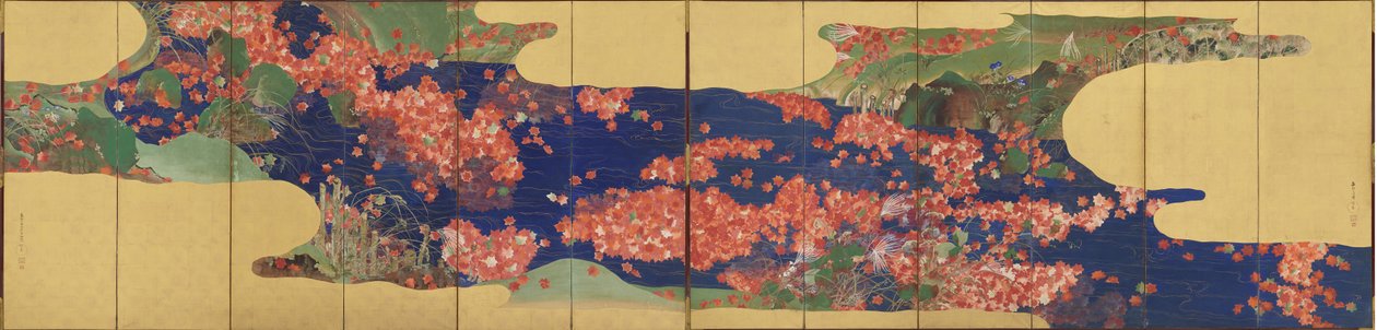 Lønnblader på en bekk, sekspanelsskjerm, Edo Period av Ikeda Koson