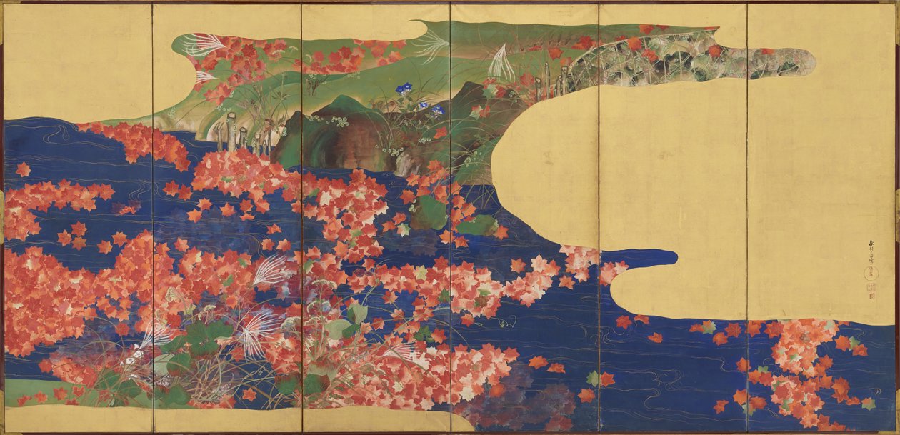 Lønnblader på en bekk, skjerm med seks paneler, Edo-periode, 1856-58 (blekk og farge på forgylt papir) av Ikeda Koson