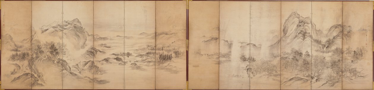 Mountain Views, baksiden av en seks-panels skjerm, Edo Period, 1856-58 (vask på papir) av Ikeda Koson