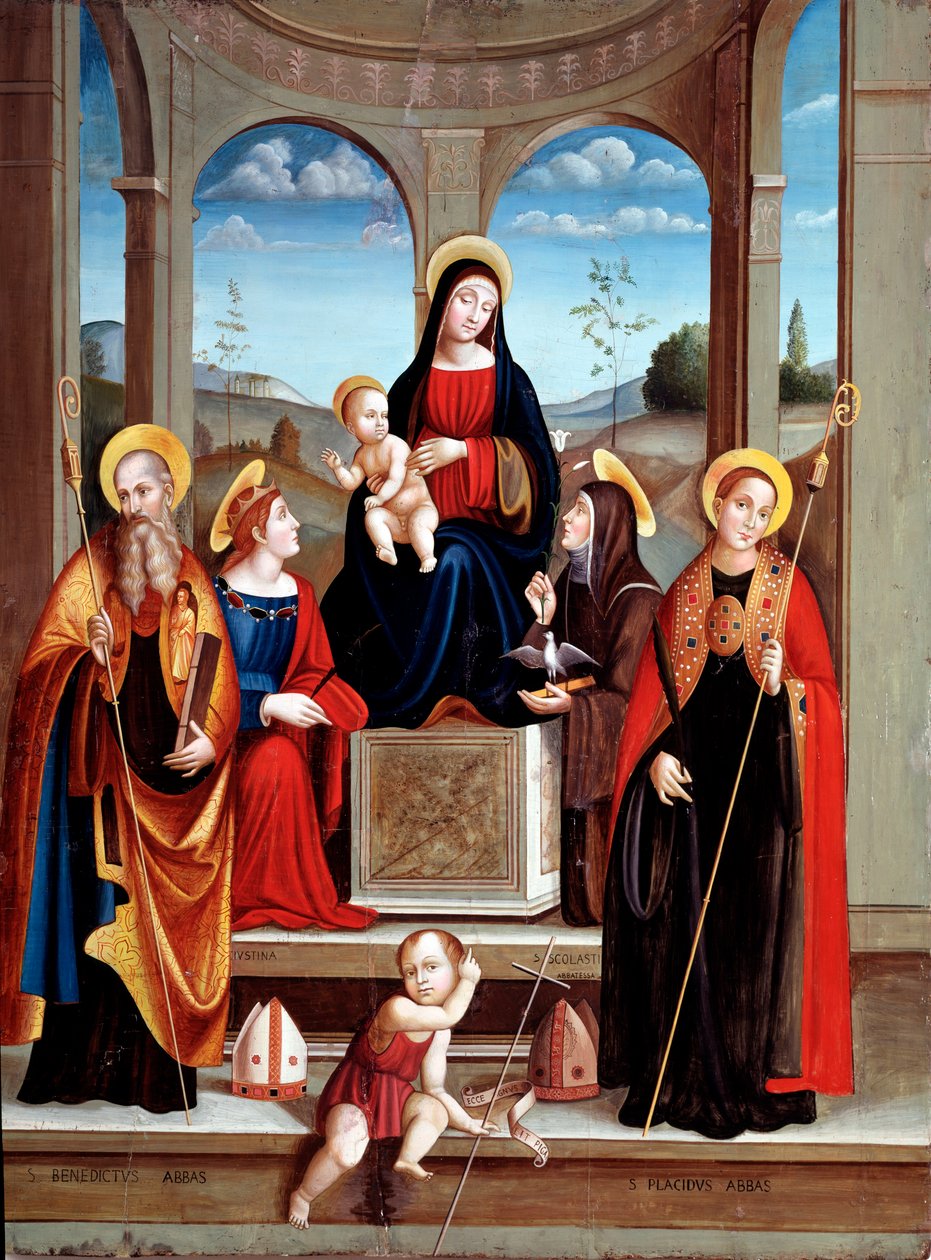Madonna med barnet og Sts Benedict of Nursia, Justine, Placide og Scolastica (olje på tre, ca. 1515) av Il  Francia