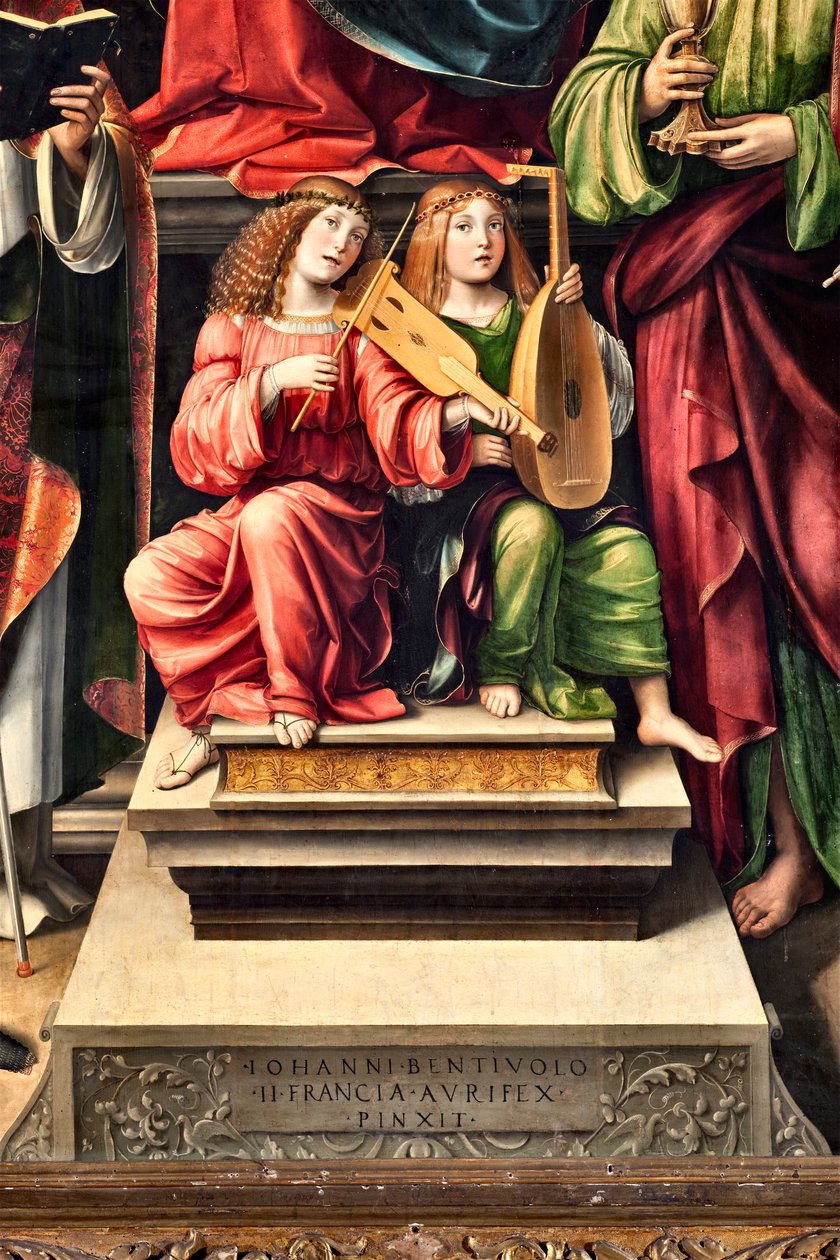 Musicians Angels, detalj av Jomfru med barn og St Proculus, St John evangelist, St Augustine, St Sebastian (maleri av Il  Francia