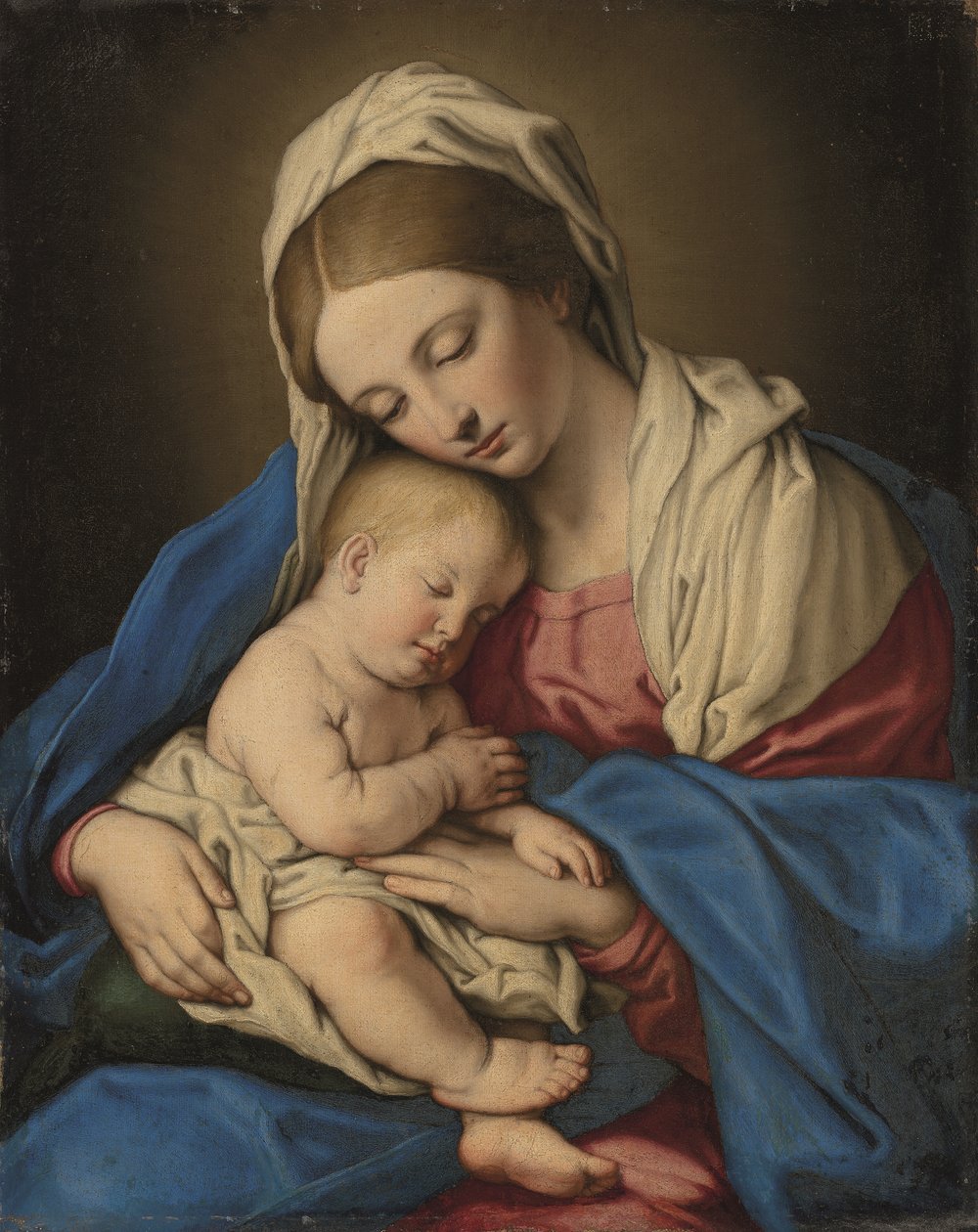 Madonna og barnet (olje på lerret) av Il (1609-85) Sassoferrato