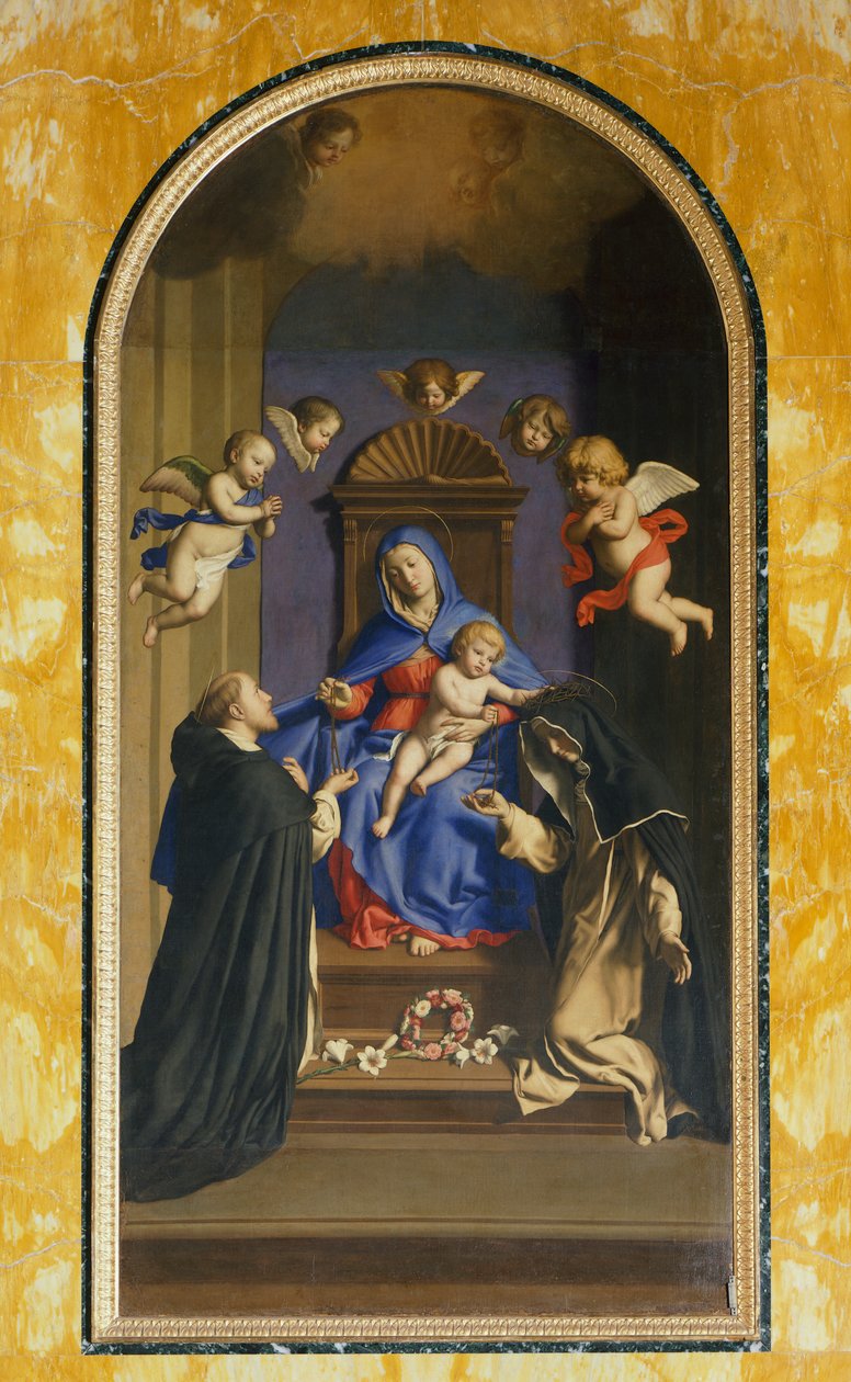 Vår Frue av rosenkransen med St Dominic og St Catherine, St. Katarinas kapell, St Sabine-basilikaen, Roma, Italia av Il  Sassoferrato