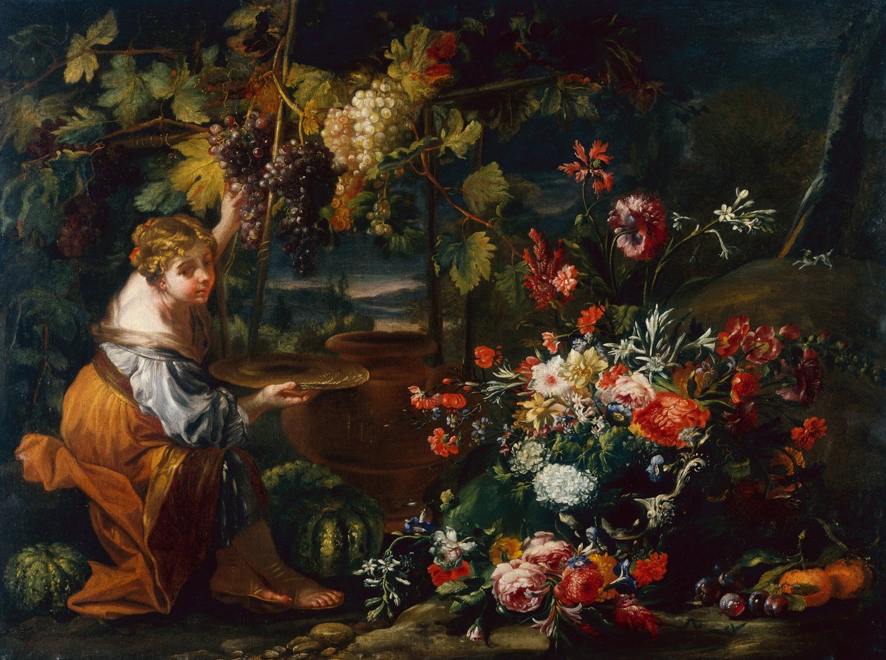 Ung jente plukker druer (olje på lerret) av Il and Brueghel Abraham Borgognone