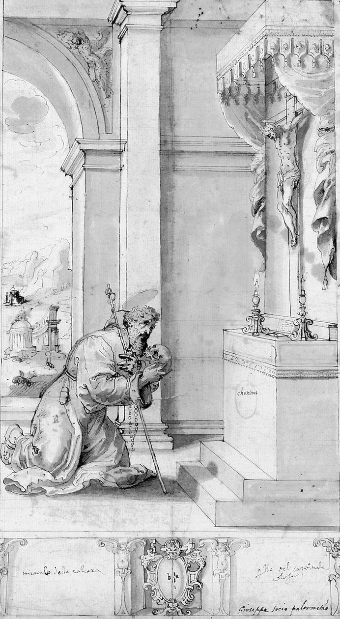 En helgen som kneler foran et alter med et krusifiks: design for et prosesjonsbanner (kritt, penn og blekk og vask på papir) av Il (c.1550 1611) Sozzo