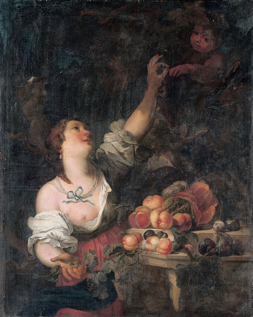 En kvinne som plukker druer og en putto ved en klassisk pidestall utsmykket med frukt av Il Borgognone