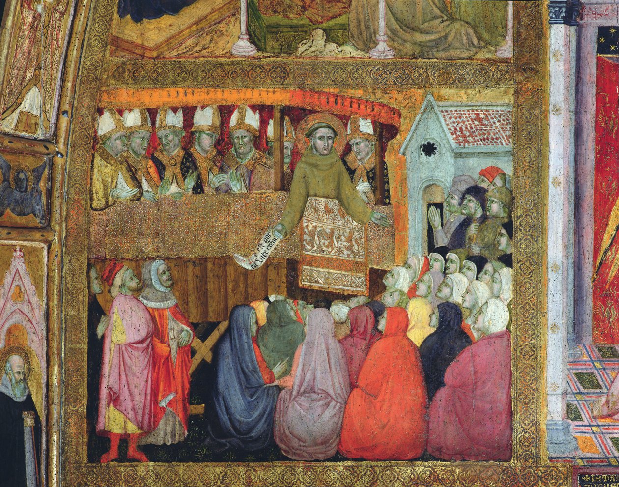 St. Francis forkynner avlaten, akkompagnert av biskopene i Umbria, freskomaleri fra Porziuncola, 1393 av Ilario da Viterbo