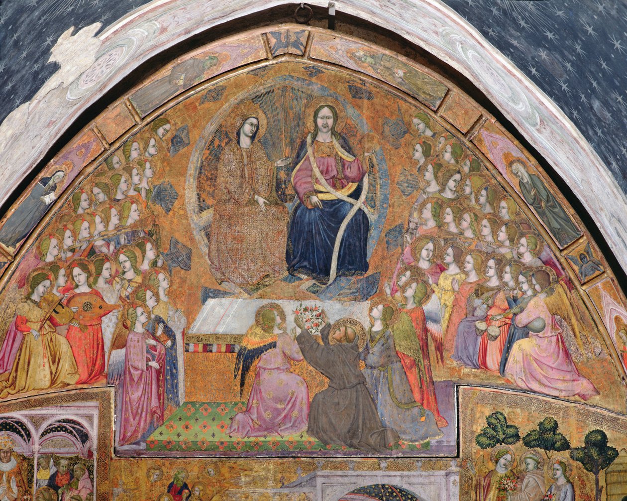 St. Francis tilbyr roser til åpenbaringen av Kristus og jomfruen, freskomaleri fra Porziuncola, 1393 av Ilario da Viterbo
