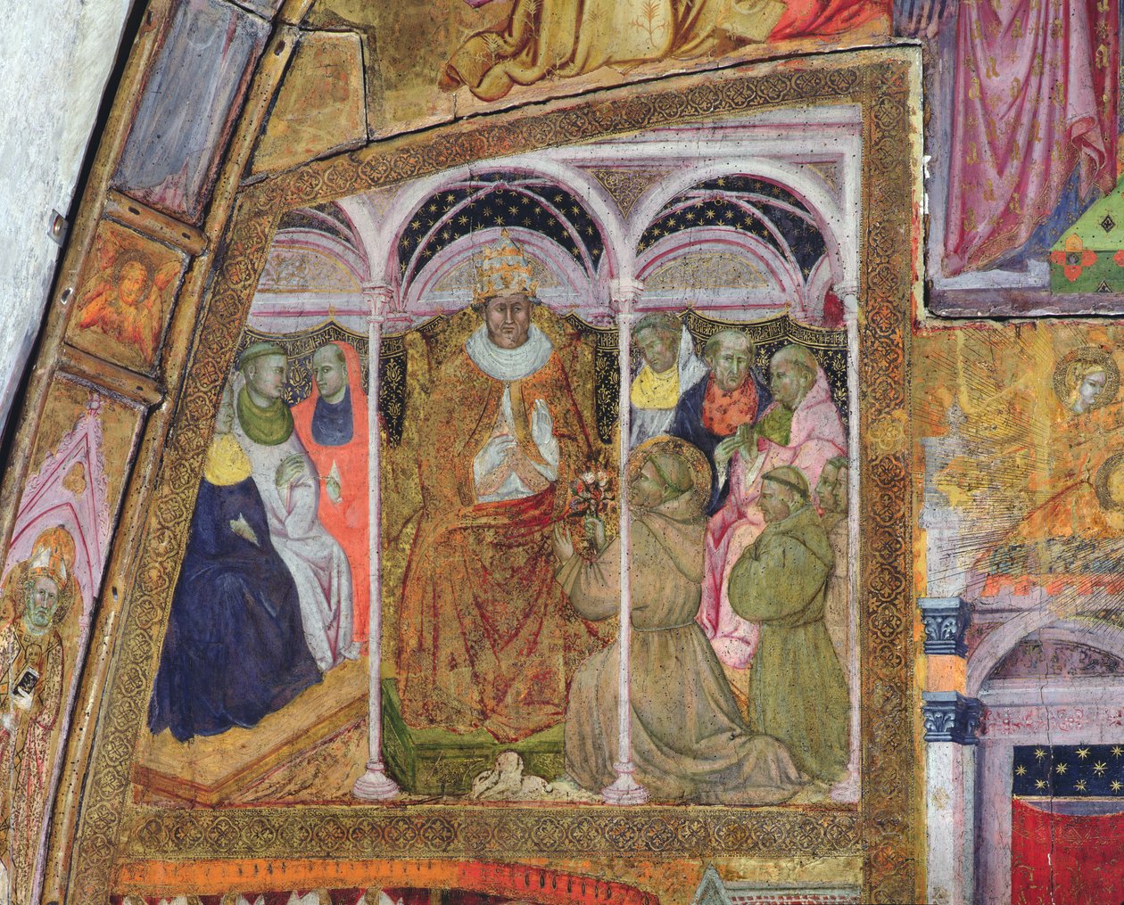 St. Frans ber pave Honorius III om bekreftelsen av avlaten, freske fra Porziuncola, 1393 av Ilario da Viterbo