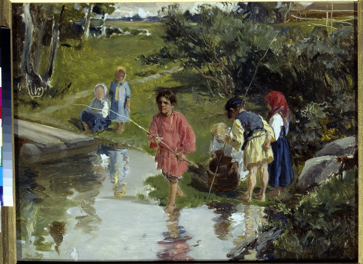 Children Fishing av Pryanishnikov, Illarion Mikhailovich (1840-1894) av Illarion Mikhailovich Pryanishnikov