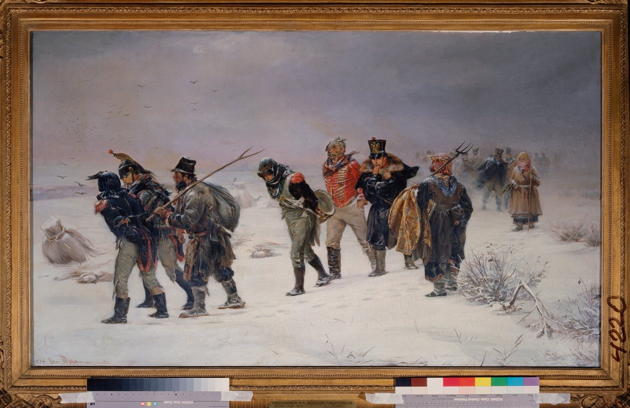 I 1812. (Fanger tatt til fange fra Napoleons store hær går i snøen, utmattet, eskortert av russiske bønder). Maleri av Illarion Mikhailovich Pryanishnikov (1840-1894), olje på lerret av Illarion Mikhailovich Pryanishnikov