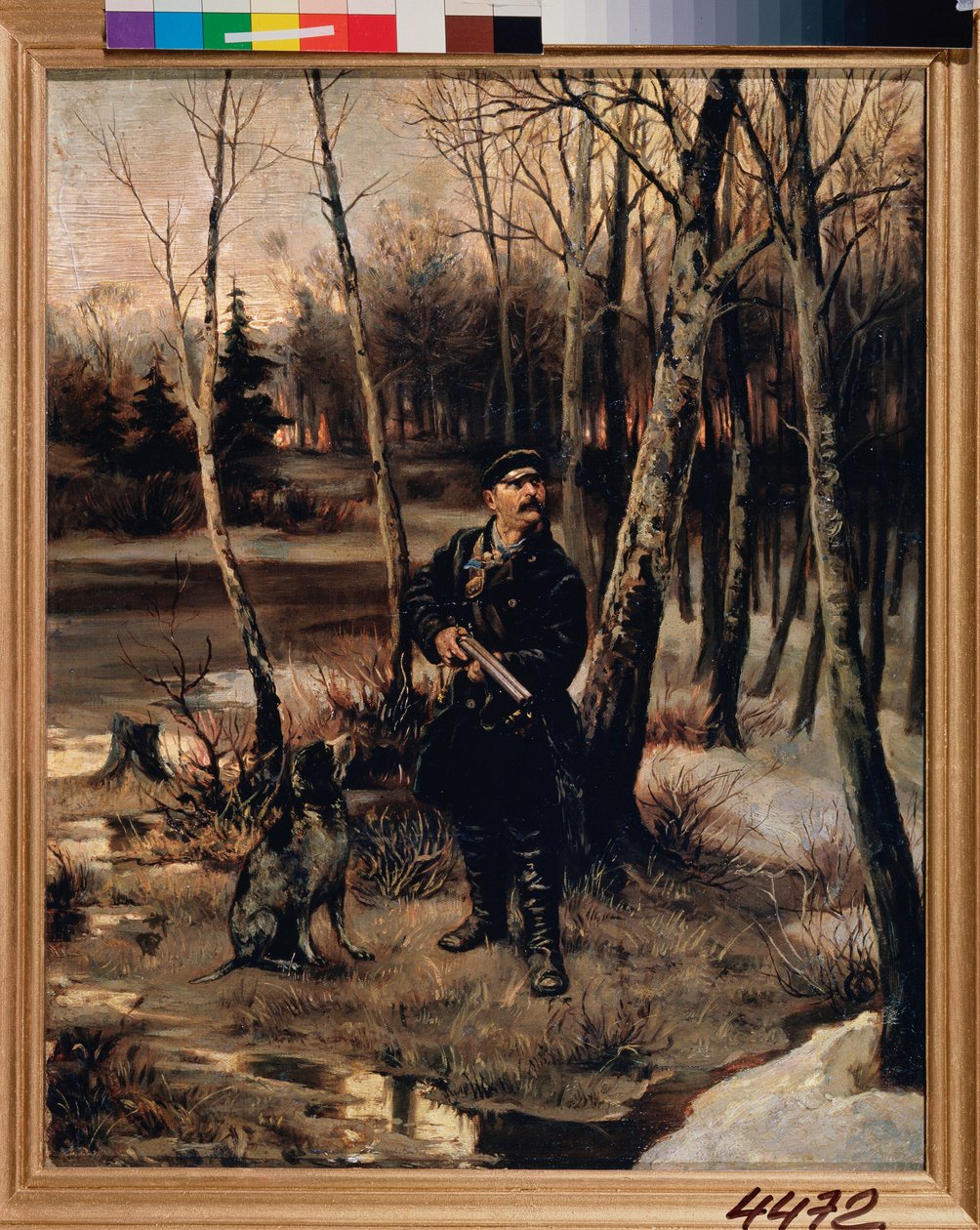 Woodcock Hunting - The Woodcock Shooting - Maleri av Illarion Mikhailovich Pryanishnikov (1840-1894), olje på lerret av Illarion Mikhailovich Pryanishnikov