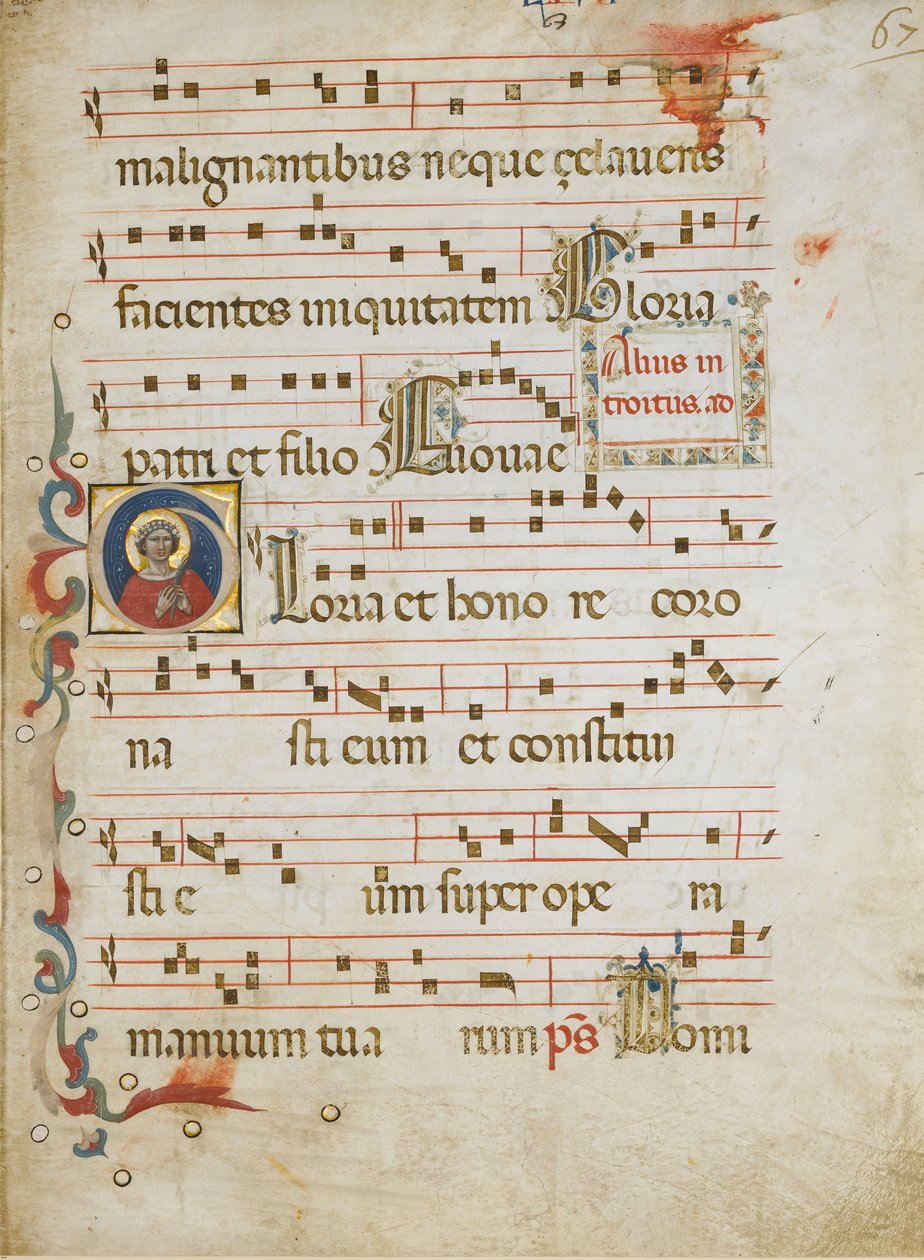 Manuskriptblad med en kvinnelig helgen muligens Dorothy i en innledende G..., ca. 1330-40. av Illustratore