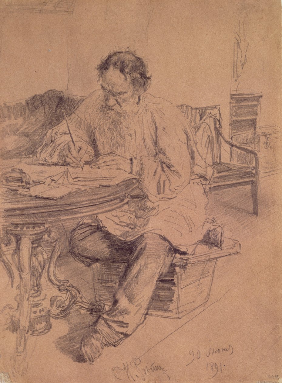Lev Nikolaevich Tolstoy (1828-1910) på jobb, 1891 av Ilya Efimovich Repin