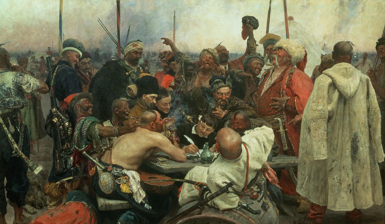 Zaporozhye-kosakkene skrev et brev til den tyrkiske sultanen, 1890-91 av Ilya Efimovich Repin