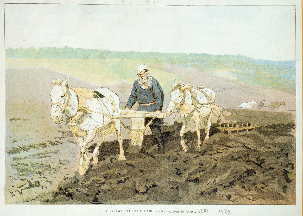 Forfatteren Lev Nikolaevich Tolstoy (1828-1910) pløyer med hester, 1889 av Ilya Efimovich Repin