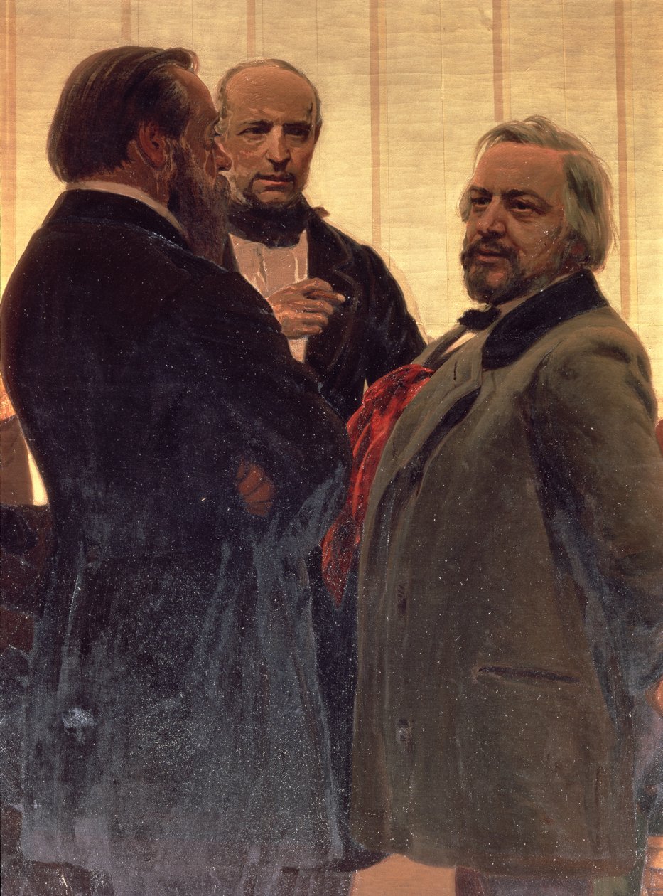 Vladimir Odoevsky (1803-69), Mily Balakirev (1837-1910) og Mikhail Ivanovich Glinka (1804-57), 1890-tallet (detaljer) av Ilya Efimovich Repin