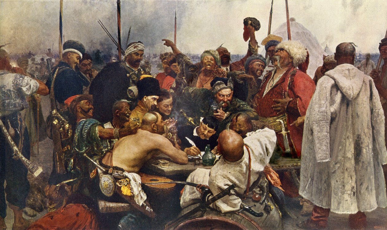 Zaporogues-kosakkenes svar på Sultan Mehmet IV (Muhammad, Mehmet, Mehmed, Mahmoud) (1642-1693) fra Tyrkia-gravering på 1800-tallet etter et maleri av Ilya Repine. Russiske kosakker sender en hatmelding til den tyrkiske hæren til Constan av Ilya Efimovich (after) Repin