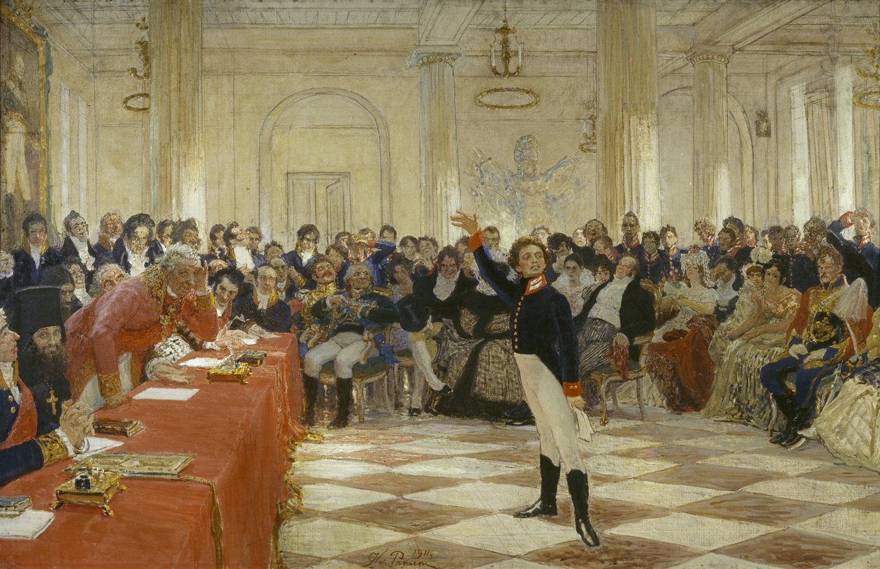 ""Alexander Pushkin ved en eksamen i Lyceum of Tsarskoye Selo 8. januar av Ilya Efimovich Repin